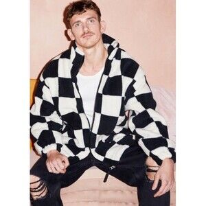 H&M Checkered Jacket Men’s Medium Full Zip Fleece Black White Squares Teddy Coat